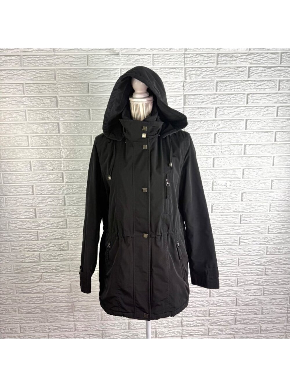 Liz Claiborne Black Hooded Anorak Jacket Removable Hood Drawstring Waist Small